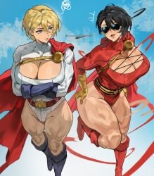 2girls breasts cape dc_comics female female_focus female_only karen_starr large_breasts light-skinned_female light_skin ongjolpark plastic_man power_girl rule_63 superheroine superman_(series) thick_thighs thighs wide_hips