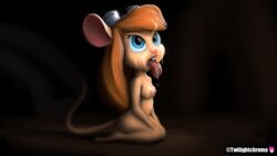 16:9 anthro blue_eyes bodily_fluids breasts chip_'n_dale_rescue_rangers cum cum_on_face digital_media_(artwork) disney female gadget_hackwrench genital_fluids hair hi_res long_hair mammal mouse murid murine nipples nude open_mouth rodent simple_background solo twilightchroma widescreen