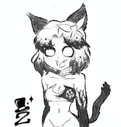 1girl 1girls 2026 aged_up black_and_white black_eyes blush blush_lines blushing bottomless cat_ears cat_girl cat_tail catgirl collar crazed_moneko crazed_moneko_(the_battle_cats) cute_fang fang female gloves hair_ornament kemonomimi moe_fang monochrome nyanko_daisensou pussy short_hair sketch small_breasts smile smiling standing tagme the_battle_cats tube_top tubetop wide_hips wide_thighs