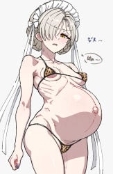 1girls anger_vein animal_print areola_slip azur_lane big_belly blonde_hair blush bow breasts collarbone covered_nipples cowboy_shot hair_over_one_eye hip_bones large_areola leopard_print leopard_print_bikini looking_at_viewer looking_down maid_headdress micro_bikini mitsuame_miiro navel one_eye_covered outie_navel parted_lips pregnant pussy_juice ribs sheffield_(azur_lane) simple_background small_breasts solo standing swimsuit thighs white_background white_bow yellow_eyes