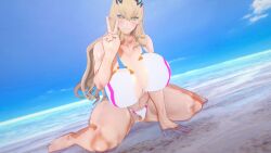 1girl 3d barghest_(gawain)_(fate) beach bikini blonde_hair fate/grand_order fate_(series) gustavo40 heterochromia huge_breasts koikatsu long_hair nekomarusan peace_sign solo_female solo_focus