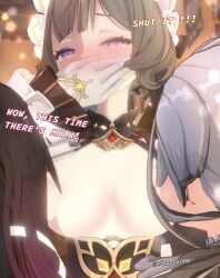 3d 3d_(artwork) 3girls arlecchino_(genshin_impact) bangs black_and_white_hair breast_sucking breasts brown_hair columbina_(genshin_impact) crying dirty_talk female/female/female flustered_female genshin_impact hand_covering_mouth hand_on_mouth lesbian lesbian_sex nipple_suck purple_hair sandrone_(genshin_impact) sucking_nipples tears tears_of_pleasure threesome yuri