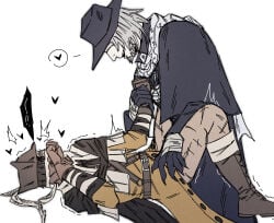 2boys anal anal_sex beard blindfold bloodborne dilf facial_hair father_gascoigne fromsoftware gay gloves hat implied_anal male male_only mature mature_male old_hunter_henryk older_male on_back smile white_hair wrist_grab yaoi