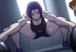 1boy1girl ben_10 ben_tennyson breasts brown_hair dc_comics exercise exercise_clothing forehead_jewel green_eyes purple_eyes purple_hair rachel_roth raven_(dc) shoes squatting sweat sweaty_breasts teen_titans thebenravenagenda