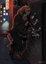 absurd_res alley alley_sex anthro background_shot bar bear breasts brown_bear clothed clothed_sex clothing detailed_background digital_media_(artwork) dirty duo female fur genitals graffiti hair hi_res humanoid_genitalia lbyluc legwear male male/female mammal mouse murid murine neon_lights outside penetration penis public public_sex quick_sex rodent sex size_difference smile stockings street tail text ursine vaginal vaginal_penetration