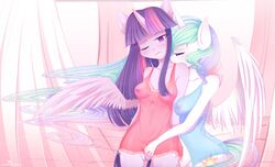 absurd_res alicorn anthro anthrofied babydoll breasts clothing equid female female/female fingering friendship_is_magic genitals hasbro hi_res horn lingerie mammal my_little_pony nightgown pastelmistress princess_celestia_(mlp) pussy smooth_skin twilight_sparkle_(mlp) wings yuri