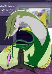 absurd_res animal_genitalia bedroom bedroom_eyes blush blush_lines bodily_fluids cloaca cory_parsley dark_room ears_as_hair erection female feral generation_5_pokemon genital_fluids genitals green_body hi_res horizontal_cloaca humanoid humanoid_genitalia humanoid_penis imminent_bestiality kokol115 larger_female narrowed_eyes nintendo penis pokemon pokemon_(species) precum requesting seductive serperior sex_request size_difference solo vaginal_fluids vein veiny_penis watching_television yellow_eyes