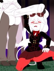 1futa 1girls americo_santisteban black_boots black_bow black_suit blush boots buttons cameltoe character_request colored_skin demon_girl demon_horns demon_tail demon_wings dress_lift equine_penis fang female funamusea futanari glasses goggles_on_head grass handjob horns horse_penis open_mouth outdoors precum_drip red_bowtie red_eyes red_skirt red_thighhighs short_hair skirt squatting sunglasses sunglasses_on_head tail testicles thighhighs veiny_penis white_hair white_skin wings
