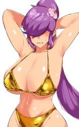 armpits arms_behind_head bikini blush curvy duel_masters embarrassed gold_bikini huge_breasts islay open_mouth thick_thighs voluptuous wide_hips