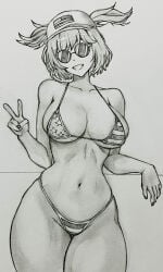 1girls aapendooors american_flag american_flag_bikini baseball_cap big_breasts bikini glasses grin grinning hallow_punk hat pigtails shades short_hair smile smiling sunglasses thick_thighs tower_defense_simulator v wide_hips