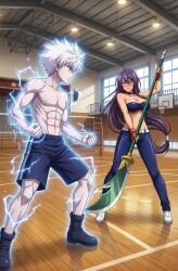 1boy 1boy1girl 1girl abs ai_assisted ai_generated anime_girl big_breasts blue_eyes crossover curvy_figure female fighting_pose fingerless_gloves hunter_x_hunter ikkitousen kanu_unchou killua_zoldyck male/female midriff older_female_and_younger_male pale-skinned_male purple_hair tnk_(company) voluptuous_female white_hair