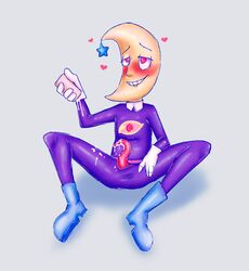 <3 1boy blush crescent_(funny_pets) crescent_moon cum fleshlight fully_clothed funny_pets grinning humanoid legs_apart male_only masturbation moon object_head peachybleed_(artist) platform_footwear purple_bodysuit solo