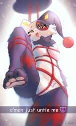 absurd_res anthro areola bdsm black_body black_fur black_nose bondage bound breasts butt butt_from_the_front cheek_tuft clothing dupin_(pal) emoji eyelashes facial_tuft feet female fur genitals hat headgear headwear hi_res jester lagomorph leg_tied leporid lilint looking_at_viewer low-angle_view mammal markings multicolored_body multicolored_fur neck_tuft pal_(species) palmorph palworld pawpads pocketpair rabbit red_markings restraints rope rope_bondage simple_background smile smiling_at_viewer solo spread_legs spreading text top_hat tuft vulva white_background white_body white_fur yellow_eyes yellow_markings