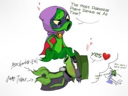 cloak dream fan_character female foot_fetish green_body green_shadow_(pvz) male mask peashooter_(pvz) plant_boy plant_girl plants_vs_zombies plants_vs_zombies:_heroes sad