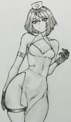 1girls aapendooors arm_band bangs bob_cut boob_window character_request gloves nurse nurse_cap nurse_uniform pelvic_curtain short_hair small_breasts thick_thighs thigh_band tight_clothing wide_hips