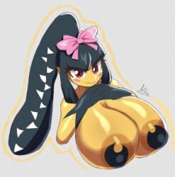 1girl bare_shoulders black_hair bow breasts closed_mouth collarbone colored_skin cropped_torso fang from_above gen_3_pokemon gigantic_breasts grey_background looking_at_viewer mawile meme miks381 nintendo outline own_hands_together pasties pink_bow pokemon pokemon_(creature) ponytail red_eyes signature skin_fang smile solo upper_body yellow_outline yellow_skin