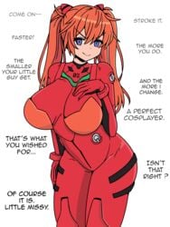 1girls asuka_langley_sohryu asuka_langley_sohryu_(cosplay) attribute_theft big_breasts blue_eyes breast_expansion caption cartoon_network clothing colored humiliation inksgirls ivelacia large_ass large_breasts long_hair neon_genesis_evangelion penis_shrinking plugsuit pov red_hair small_penis_humiliation text thick_thighs third-party_edit toonami transformation