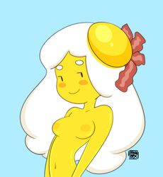 1girls adventure_time bacon breakfast_princess breasts cartoon_network cute food_creature foxnbox hair_ornament humanoid mob_face nipples solo yellow_skin