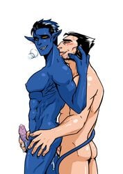 2boys abs anal anal_sex ass bare_back beard biceps cum cum_in_ass cum_inside handjob handjob_while_penetrating kurt_wagner licking male male/male male_only marvel muscular nightcrawler nude pecs penis reach_around sideburns uncut wolverine_(x-men) x-men yaoi yellow_eyes