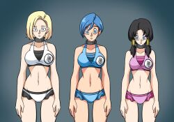 3girls android_18 bare_shoulders black_hair blonde_female blonde_hair blue_hair bulma_briefs collar dragon_ball earrings electrickronos empty_eyes female_only hypnosis large_breasts mind_control short_hair swimsuit tech_control videl