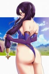 1girls ass bare_shoulders big_ass big_butt blush breasts bubble_butt dat_ass detached_sleeves female from_behind genshin_impact green_eyes hair_ornament hair_ribbon highres huge_ass leotard long_hair mona_(genshin_impact) nice_ass open_mouth purple_hair ribbon ryudraw shiny shiny_clothes shiny_hair shiny_skin sideboob solo thick_thighs thong_leotard twintails very_long_hair