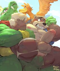 anal anal_sex anthro backpack bag banjo-kazooie banjo_(banjo-kazooie) bara bear big_ass big_penis blush dangpa donkey_kong_(series) dubious_consent erection from_behind full_nelson gay k_rool kazooie male_focus male_only nipples protagonistsub_antagonistdom reptile reptile_humanoid restrained size_difference super_smash_bros. underwear underwear_aside yaoi