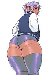 1girls alternate_hairstyle ass big_ass breasts curvy dark-skinned_female dark_elf dark_skin elf elf-san_wa_yaserarenai female huge_ass huge_butt huge_thighs humanoid jacket kuroeda long_hair looking_back mole mole_under_eye pointy_ears short_hair short_shorts shorts solo synecdoche thick_thighs thighhighs tongue tongue_out white_background white_hair wide_hips