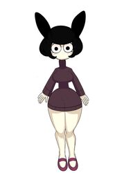 bare_legs big_breasts black_hair blush breasts bunny_girl heels looking_at_viewer mouthless no_mouth original_character pale-skinned_female pale_skin purple_sweater rabbit_ears rabbit_girl rabbit_humanoid rose_(saltynoodles) saltynoodles short short_hair staring sweater sweater_dress thick_thighs