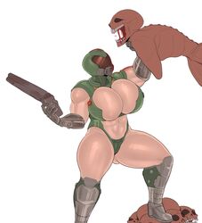 1girls ass_visible_through_thighs big_breasts blood boots breasts casual dead demon detnox doom doom_slayer_(doom) double-barreled_shotgun firearm genderswap_(mtf) gun helmet human rule_63 seductive shotgun weapon