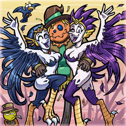 2girls bikini bird_girl bird_wings breasts cleavage dancing feathered_wings feathers harpy hooksnfangs monster_girl pointy_nose scarecrow tagme wings