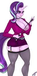 <3_eyes absurd_res anthro anthrofied big_breasts blush bottomwear breasts clothing edit equid equine female friendship_is_magic garter_straps genitals hasbro heart hi_res horn looking_at_viewer mammal miniskirt my_little_pony nipple_outline pussy riding_crop simple_background skirt solo starlight_glimmer thick_thighs unicorn whip white_background wolfmask