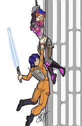 1boy 1girls accidental_exposure armor blue_eyes blue_hair blush brown_eyes colored_hair dyed_hair exposed ezra_bridger hanging inspector97 lightsaber looking_at_another mandalorian open_mouth panties sabine_wren shocked short_hair simple_background star_wars star_wars_rebels thong white_background wide_hips