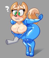 ? acstlu anthro assisted_exposure barely_visible_areola big_breasts black_nose breasts canine cleavage dipstick_tail disembodied_hand embarrassed female female_only forced_exposure fox fox_mccloud fox_tail green_eyes high_resolution metroid nintendo rule_63 star_fox thick_thighs wide_hips zero_suit zero_suit_fox