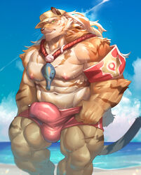 1boy abs anthro armband bara beach biceps clothing day detailed_bulge felid fur furry green_eyes hair hi_res lifeguard long_hair male male_only mammal multicolored_body multicolored_fur muscular muscular_anthro muscular_male muscular_thighs navel nipples orange_body orange_fur outside pang pantherine pecs sand sdorica sea seaside sky striped_body striped_fur stripes swimming_trunks swimwear tan_body tan_fur tiger two_tone_body two_tone_fur vorusuarts water whistle white_hair