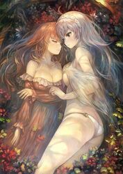 2girls arnas_(yoru_no_nai_kuni) arnice ass blush breasts cleavage closed_eyes dress flowers grey_hair large_breasts lilysse long_hair lyuritis_(yoru_no_nai_kuni) nights_of_azure orange_hair panties underwear white_panties yoru_no_nai_kuni yoshiku_(oden-usagi) yuri