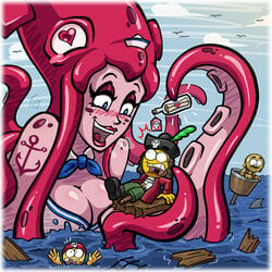 1girls big_breasts blue_eyes blush blushing breasts cleavage giantess heart-shaped_pupils hooksnfangs kraken monster_girl original_character pink_skin sailor_hat sea sea_monster source_request squid_girl tagme tattoo tentacle_hair