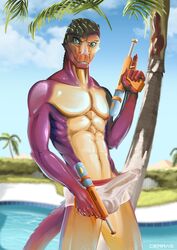 bulge bush_viper cierras clothed clothing erection erection_under_clothing hi_res male male_only old_world_viper plant purple_body purple_skin reptile scalie snake solo solo_male standing swimming_pool swimwear tree underwear water_gun wet wet_clothing wet_underwear