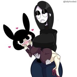 2021 bare_legs big_breasts black_hair black_sweater blush breasts bunny_ears bunny_girl carrying_partner cigarette goth heart heels holding jeans legs mouthless no_mouth original_character pale-skinned_female pale_skin purple_sweater rabbit_ears rabbit_girl rose_(saltynoodles) saltynoodles short size_difference sweater sweater_dress taller_girl teeth thick_thighs unamused veronica_(saltynoodles)