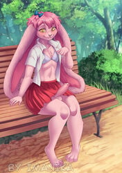 2021 4_toes 5_fingers anthro bottomwear bra clothed clothing crossdressing day detailed_background digital_media_(artwork) eyebrows eyelashes feet fingers forest fur furry hair imanika lagomorph leporid male mammal midriff navel orange_eyes outside pink_body pink_fur pink_hair plant rabbit skirt smile solo toes tree underwear