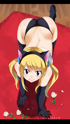 all_fours ass ass_cleavage big_ass black_panties black_socks butt_crack cat_ears fairy_tail from_above gaston18 gloves looking_at_viewer looking_up lucy_heartfilia panties socks tagme thigh_socks thighhighs