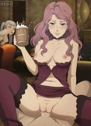 1boy 2girls alcohol beer beer_mug big_breasts black_clover black_skirt breasts breasts_out choker clothed_sex cowgirl_position drunk earrings female hedit lingerie looking_at_viewer male miniskirt multiple_girls noelle_silva panties panties_around_leg pencil_skirt pink_hair pov pubic_hair pussy pussy_juice red_hair sex sex_in_skirt skirt skirt_lift tagme uncensored vaginal_penetration vanessa_enoteca yottadere