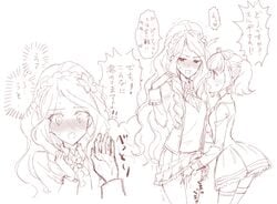 2girls :o aikatsu!_(series) aikatsu_on_parade! aikatsu_stars! blush braid commentary crown_braid dress drill_hair elza_forte embarrassed fingering flower from_side hair_flower hair_ornament hair_ribbon kiseki_raki lifted_by_another line_art long_hair looking_away monochrome multiple_girls multiple_views nose_blush open_mouth pleated_skirt pussy_juice ribbon sbs school_uniform skirt skirt_lift speech_bubble star_harmony_academy_uniform thighhighs twintails v-shaped_eyebrows venus_ark_uniform very_long_hair yuri