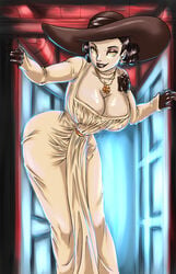 2021 alcina_dimitrescu black_hair breasts busty capcom cleavage dress el_oztoatl female female_only gloves hat hourglass_figure huge_breasts jewelry large_breasts looking_at_viewer pale-skinned_female pale_skin resident_evil resident_evil_8:_village smile solo wide_hips yellow_eyes