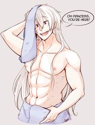 abs digital_scratch_(artist) english_text long_hair_male male male_only mystic_messenger nipples shirtless smile solo toned_male towel towel_around_waist white_hair wholesome zen_(mystic_messenger)