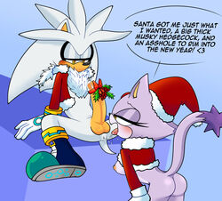 anthro anus ass balls black_nose blaze_the_cat blush bodily_fluids christmas domestic_cat fangs fellatio female grey_balls grey_body grey_hair hat headgear headwear hedgehog holidays male male/female ninotrash open_mouth purple_body purple_hair saliva santa_hat silver_the_hedgehog sitting sonic_(series) straight tan_body tongue tongue_out tuft white_body yellow_eyes