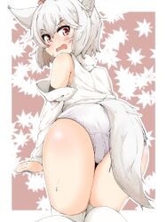 all_fours animal_ears ass blush detached_sleeves female looking_at_viewer looking_back mepikari momiji_inubashiri no_pants panties red_eyes short_hair sweat sweatdrop tagme tail thighhighs thighs touhou underwear white_hair white_panties wolf_ears wolf_girl wolf_tail