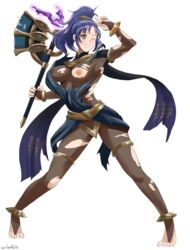 1girls alternate_costume armpits barefoot big_breasts blue_eyes blue_hair bodystocking clenched_teeth distress fire_emblem fire_emblem:_new_mystery_of_the_emblem fire_emblem_heroes full_bodystocking kris_(female)_(fire_emblem) kris_(fire_emblem) kris_(male)_(plegian)_(fire_emblem) medium_hair nintendo nipples one_eye_closed ponytail see-through see-through_clothing solo solo_female torn_clothes veiled616 wardrobe_malfunction weapon