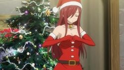 1girls 2d animated arm_tattoo bra bra_pull choker closed_eyes clothed clothed_female clothing erza_scarlet eyelashes fairy_tail gloves hourglass_figure mp4 nude official_animation panties panties_aside santa_hat sound stockings tagme tattoo thighhighs undressing video