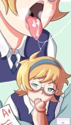 blonde_hair blowjob blue_eyes blue_hairband cerezita_boy cum cum_in_mouth cum_on_tongue cute deal eye_contact glasses grade grade_prostitution heavy_breathing incest licking_penis little_witch_academia looking_at_viewer lotte_yansson nerd open_mouth oral pov student tagme teacher_and_student throat tongue_out unprofessional_behavior