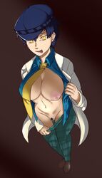 1girls 2021 atlus blue_hair breasts breasts_out clothing female footwear glowing_eyes headgear large_breasts licking_lips nipple_slip nipples persona persona_4 presenting_pussy pubic_hair sega shadow_naoto shadow_self_(persona) shirogane_naoto short_hair sol_goodguy solo tongue tongue_out undressing vagina yellow_eyes